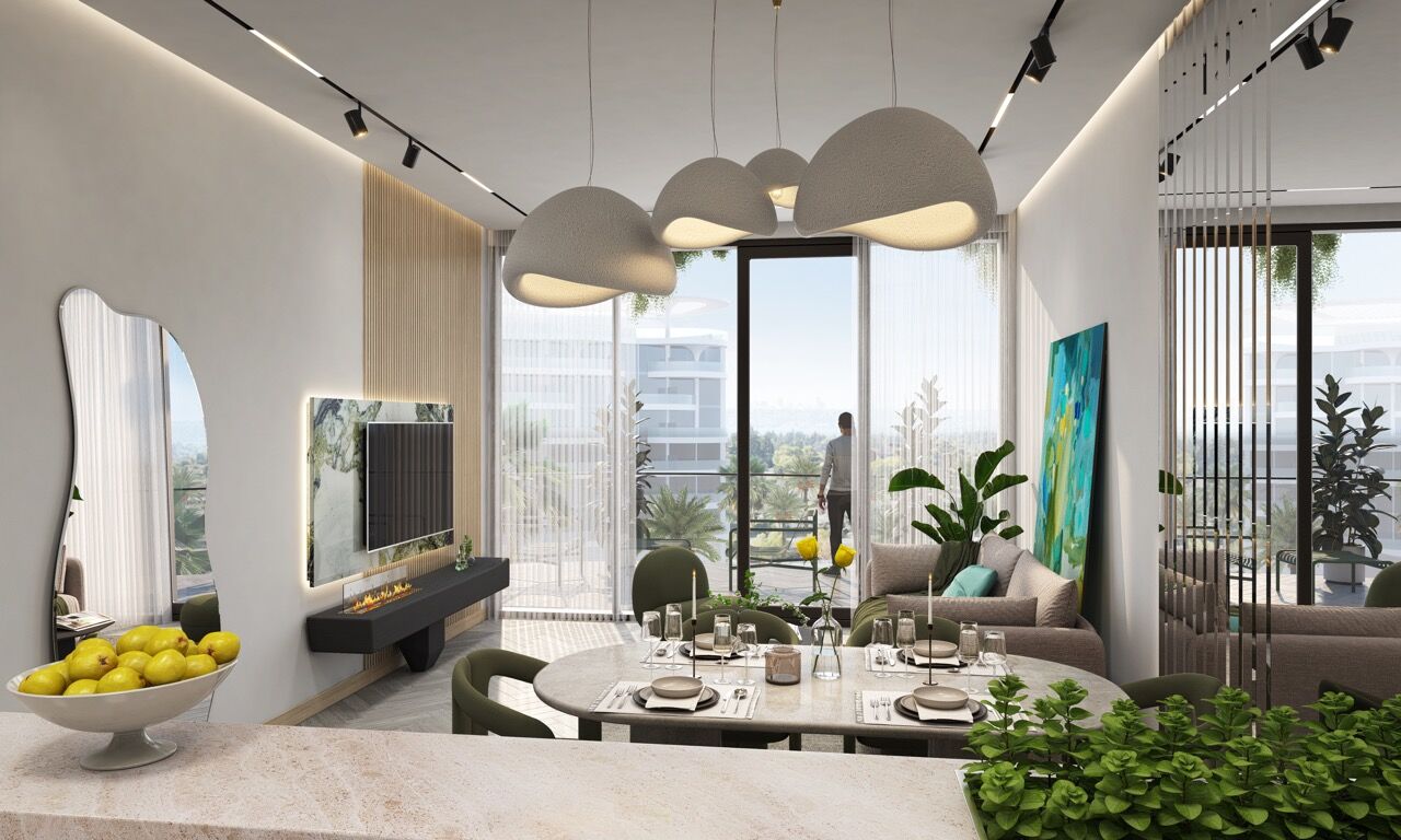 Modern lagoon-facing apartment in Dubai with stylish decor and waterfront views.