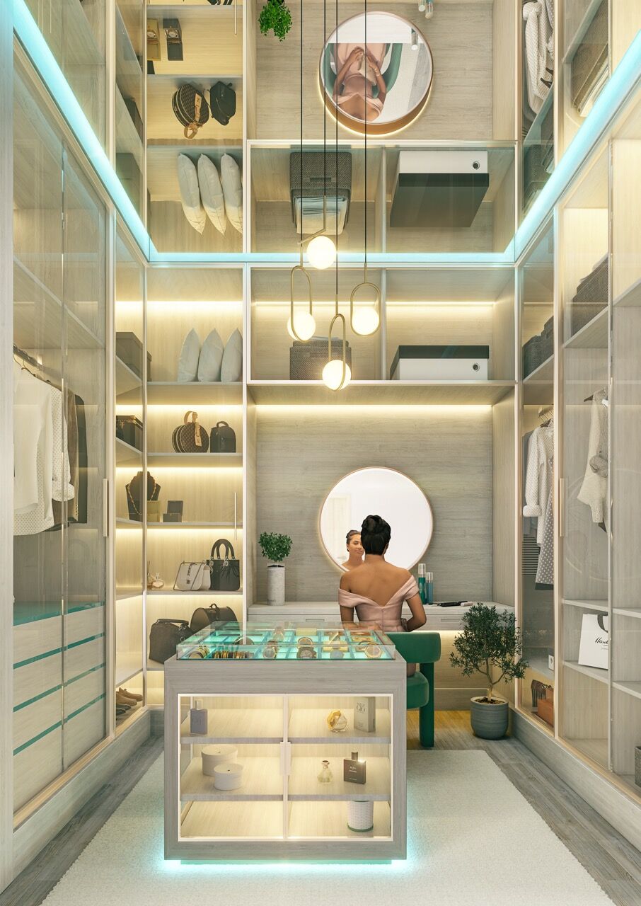Modern lagoon-facing apartment with stylish walk-in closet and elegant decor.