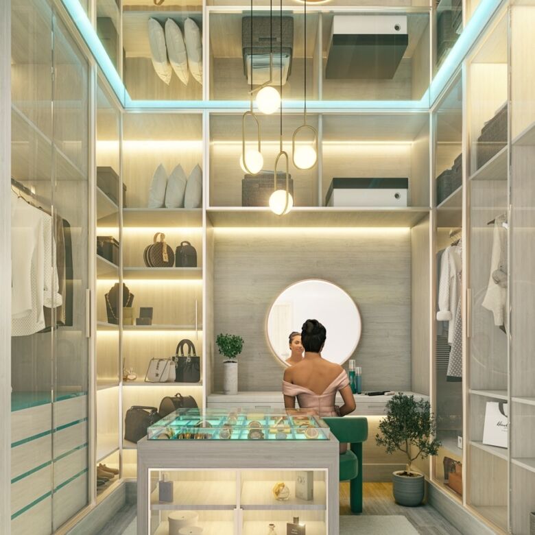 Modern lagoon-facing apartment with stylish walk-in closet and elegant decor in Dubai.