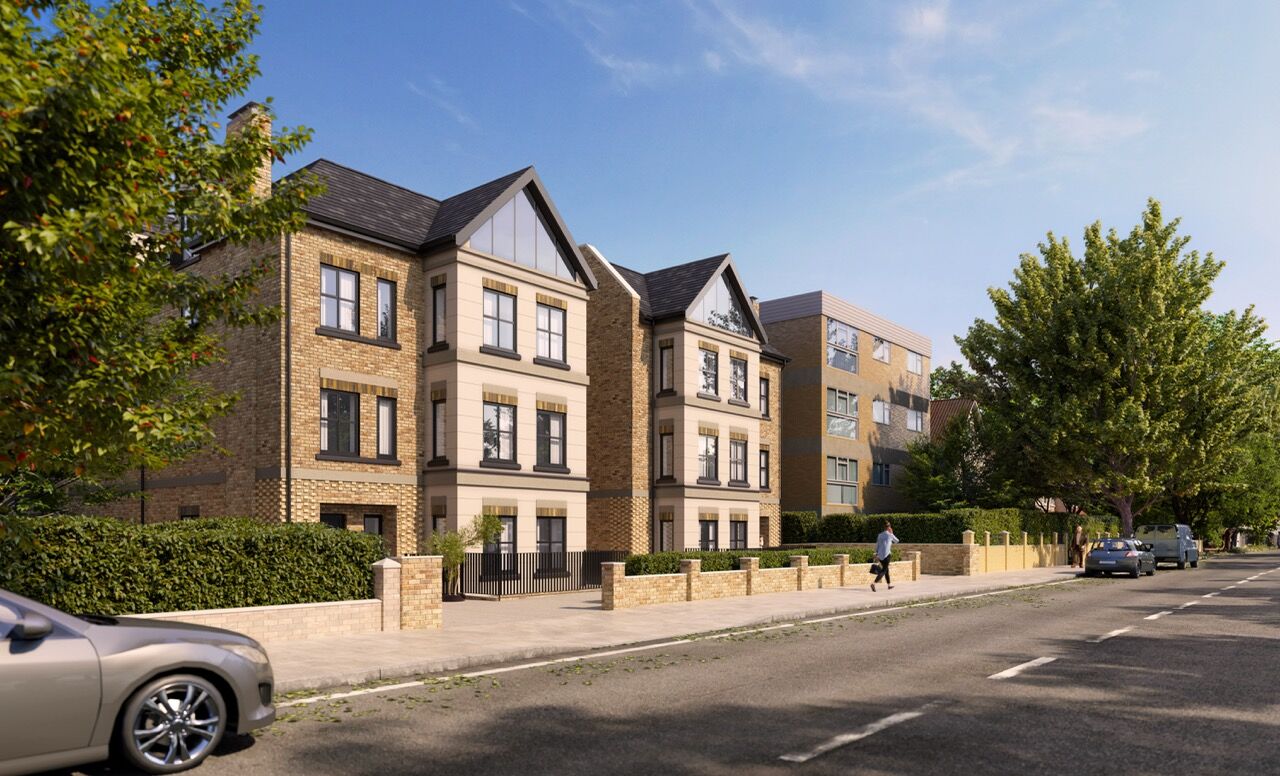 Modern residential building in West London with elegant architecture and lush surroundings.