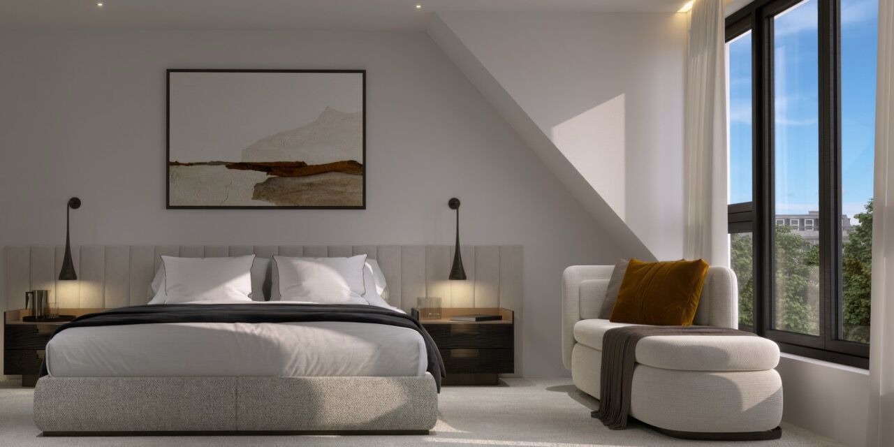 Bright bedroom featuring modern decor and large windows overlooking the city skyline.