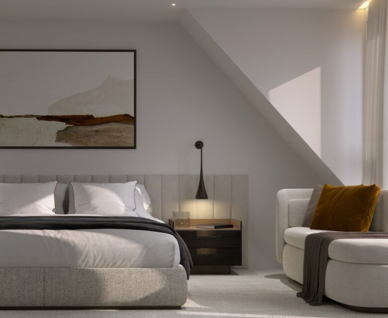 Modern bedroom in West London with large windows and cityscape view.