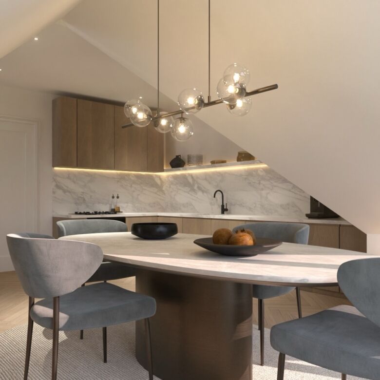 Modern dining space with stylish chairs and a sleek marble-topped table. Perfect for sophisticated l.