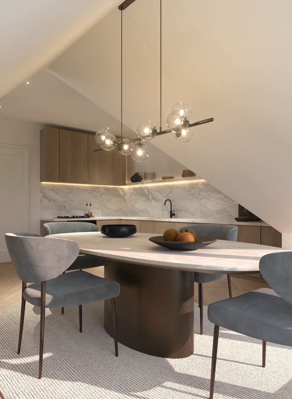 Modern dining space with stylish chairs and a sleek marble-topped table. Perfect for sophisticated l.