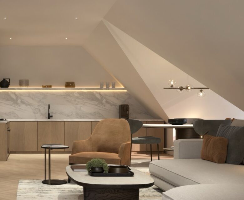 Modern living room in a sophisticated West London home with stylish decor and ample natural light.