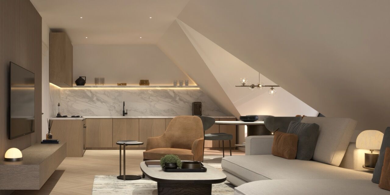 Contemporary living room in a stylish West London home with sleek design and cozy seating.