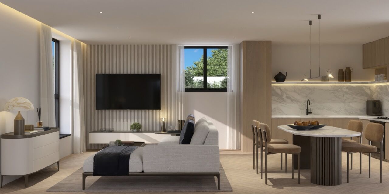 Modern living room with stylish furniture and large windows in West London.