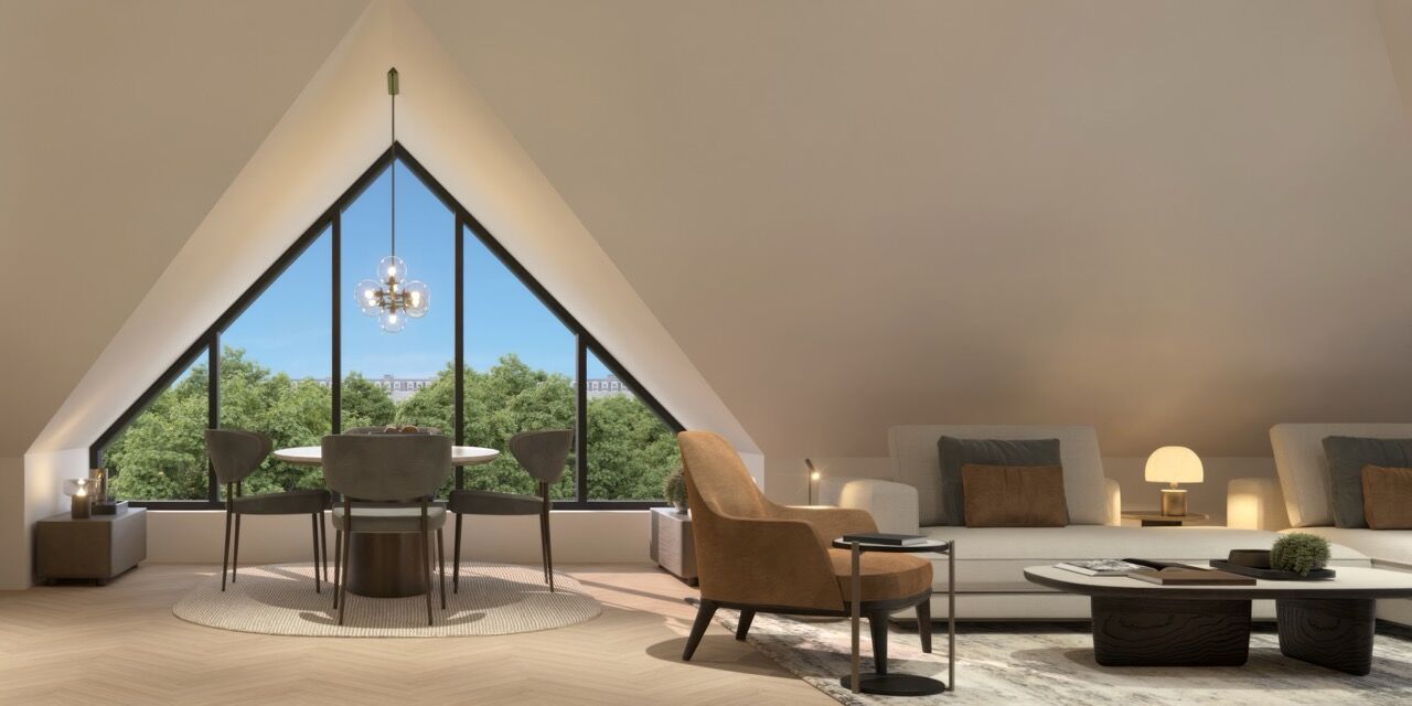 Bright living room with large window overlooking greenery in West London. Modern furniture and styli.