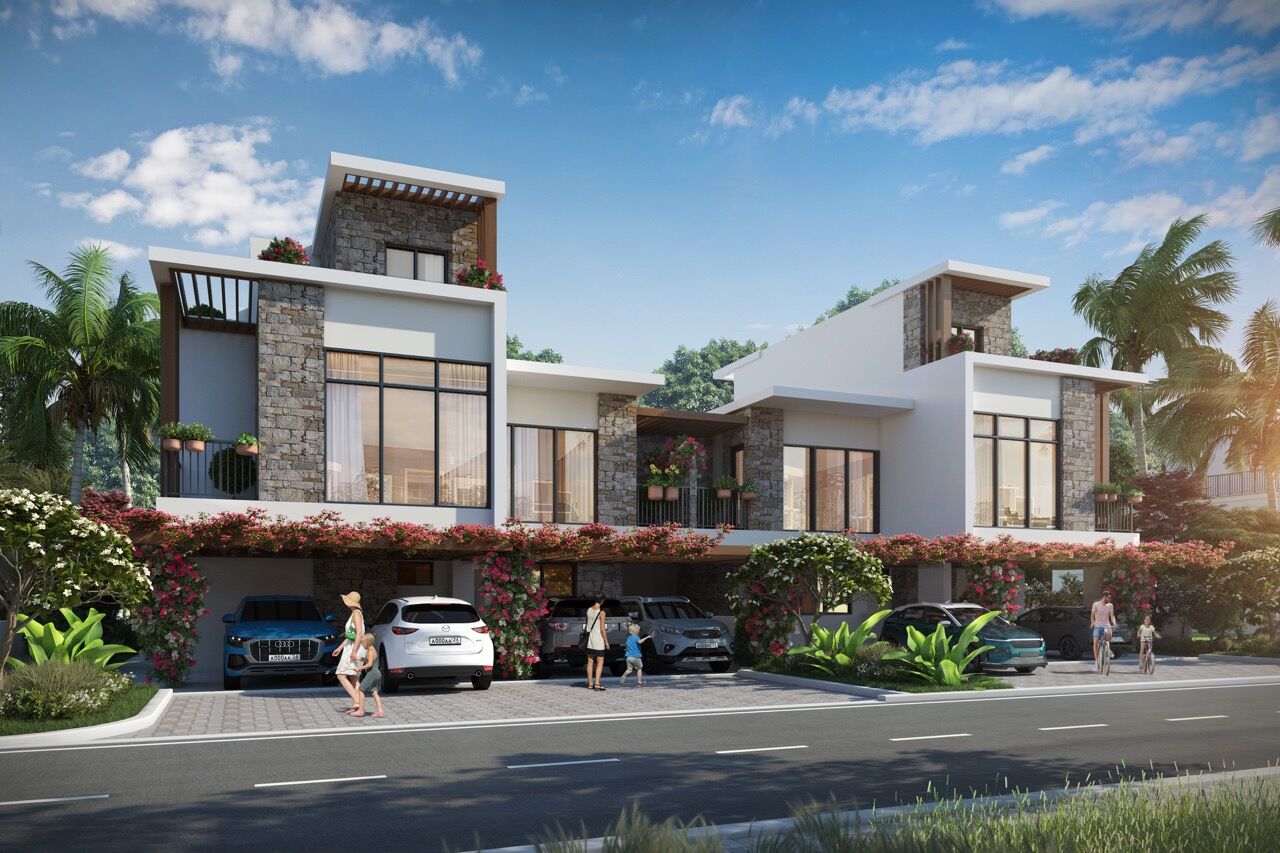 Modern island-inspired townhouses with stylish design and lush landscaping in Dubai.