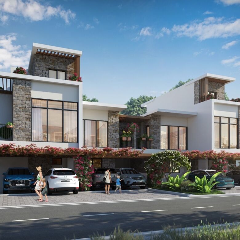 Modern Dubai Island Villas with lush landscaping and ocean views.