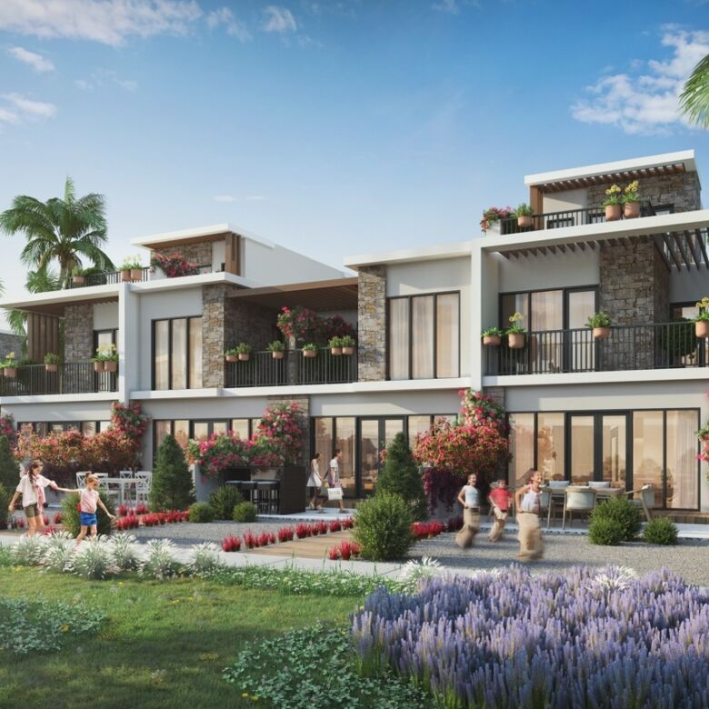 Modern Dubai Island Villas with lush gardens and ocean views.