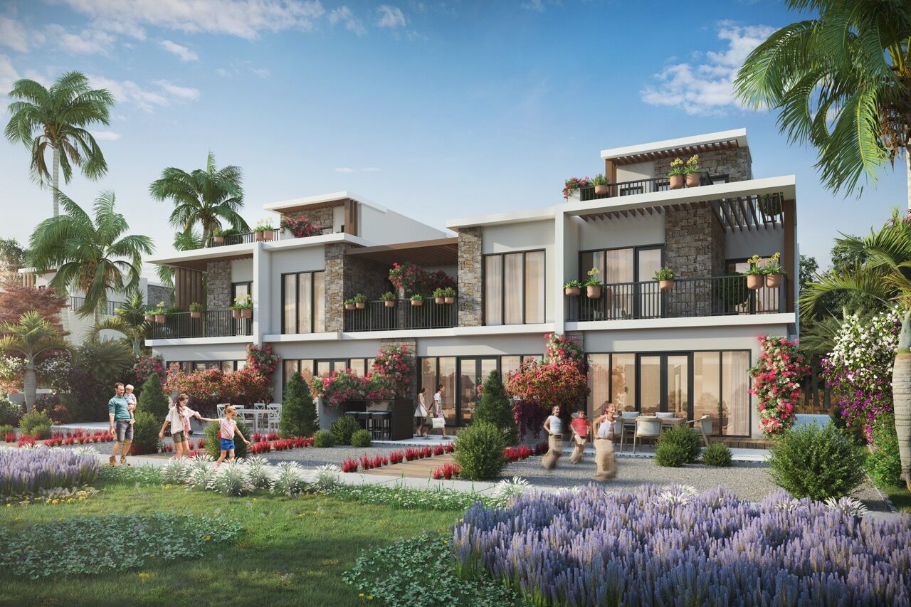 Modern beachfront villa in Dubai with lush gardens and tropical landscaping.