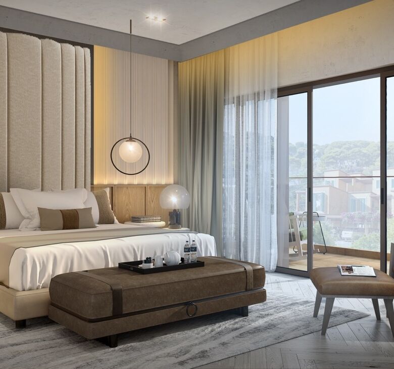Elegant bedroom featuring contemporary design, large windows, and scenic mountain views in a Greek-i.
