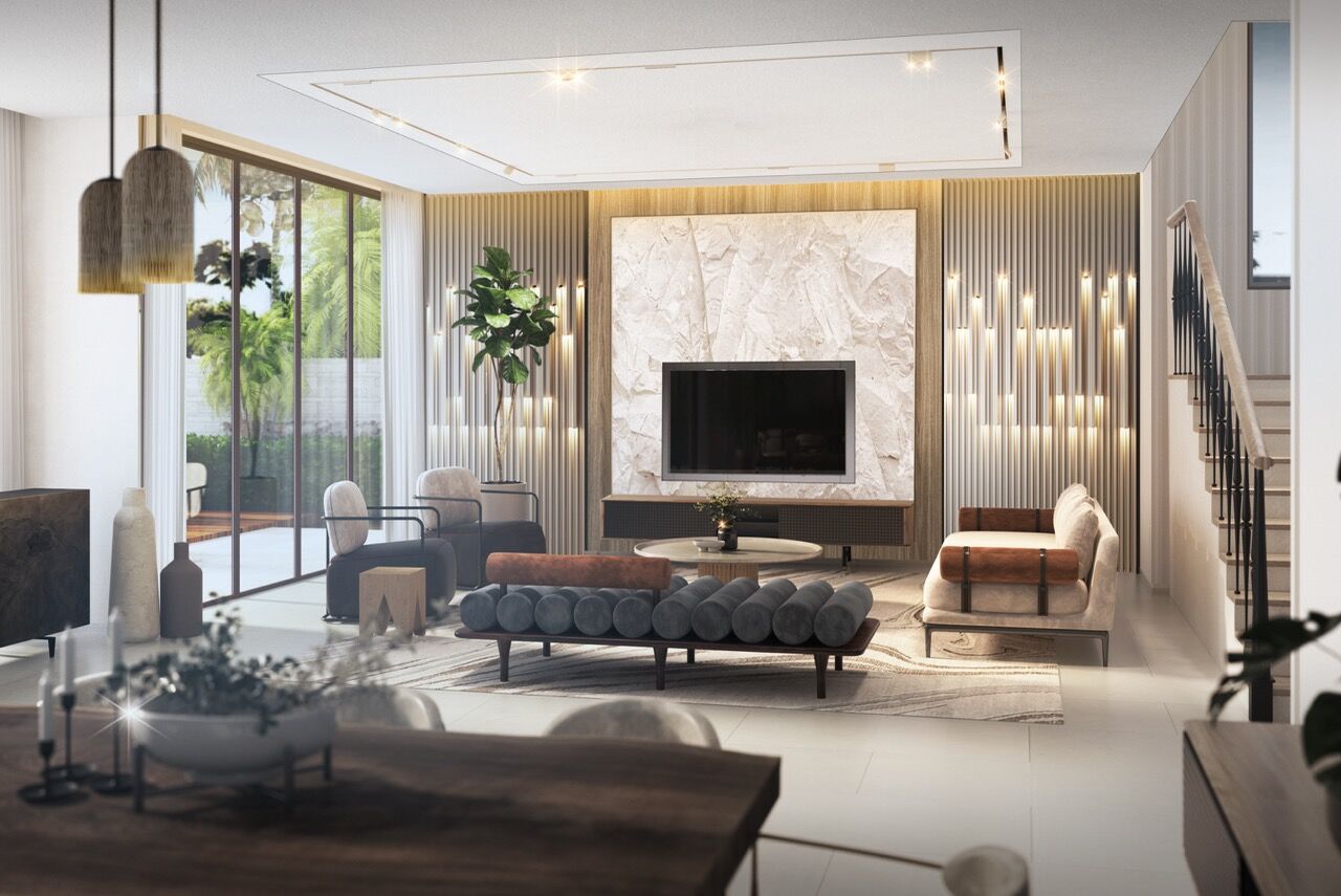 Stylish contemporary living room featuring sleek furniture and large windows.