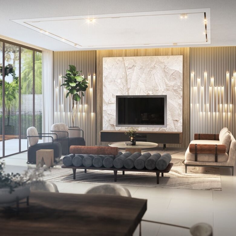 Contemporary living room featuring elegant furniture, a large TV, and natural light from floor-to-ce.