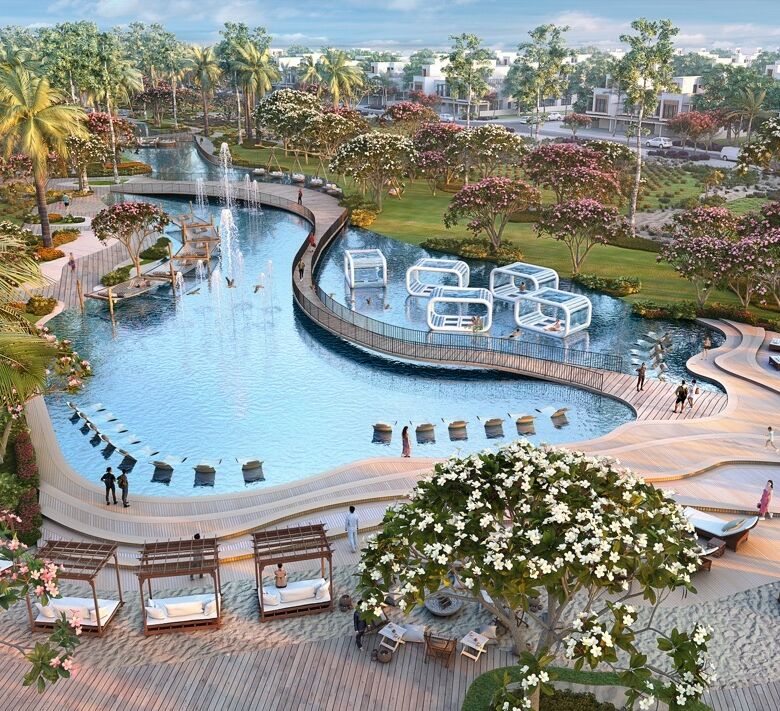 Beautiful Mediterranean-inspired townhouses with lush gardens and a relaxing pool area in Dubai.
