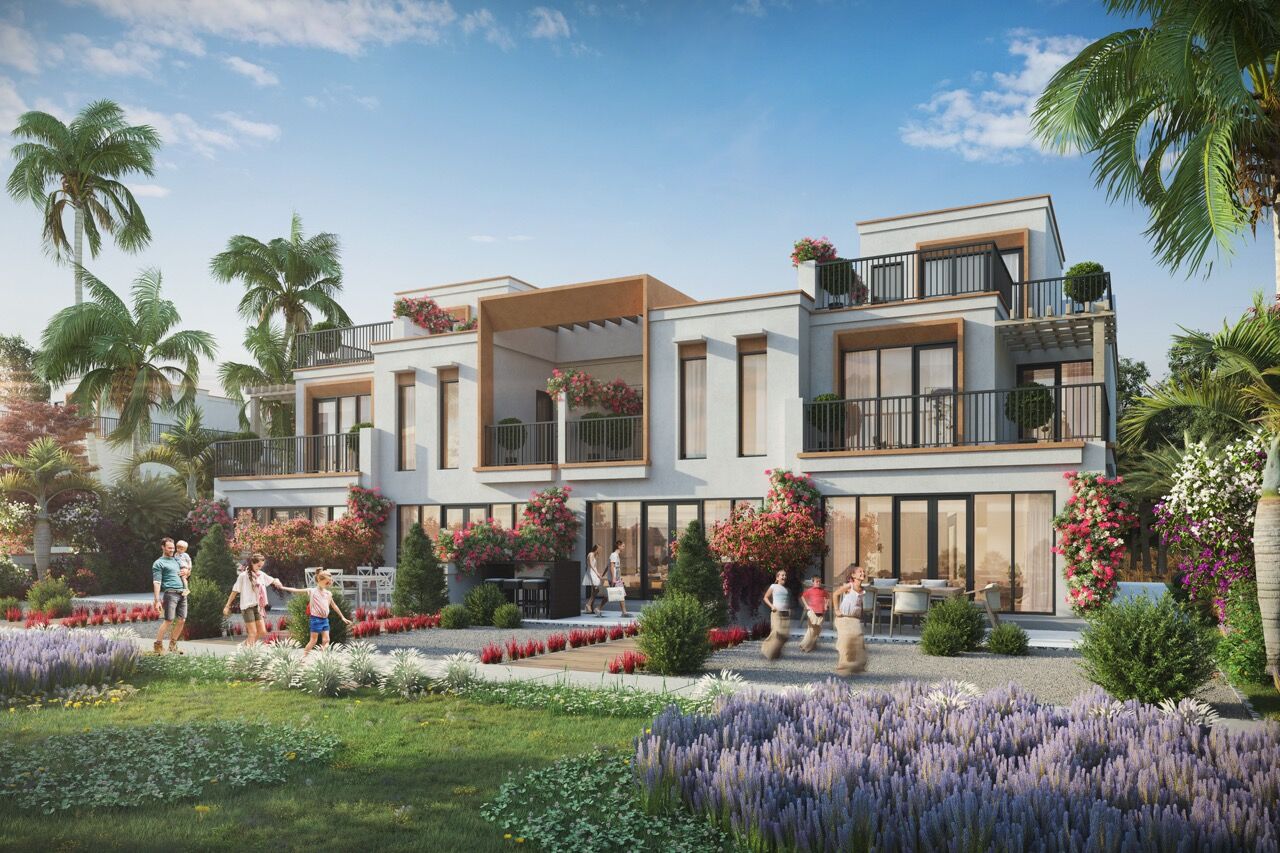 Luxurious Greek island-style villas in Dubai with lagoon views and lush gardens.