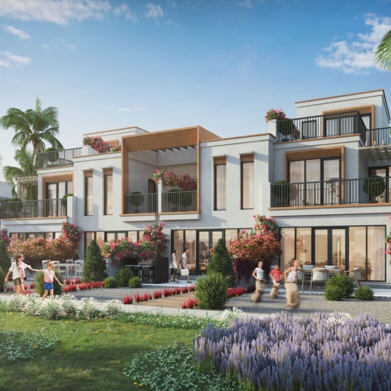 Elegant Mediterranean-inspired townhouses with vibrant outdoor spaces in Dubai.