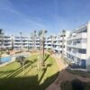Bright Playa Flamenca apartment with pool, palm trees, and landscaped garden.