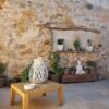 Cozy outdoor terrace of a village house with potted plants and rustic stone wall.