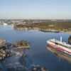 Beautiful aerial view of Hirvensalo in Turku with a Viking Line cruise ship on the water.