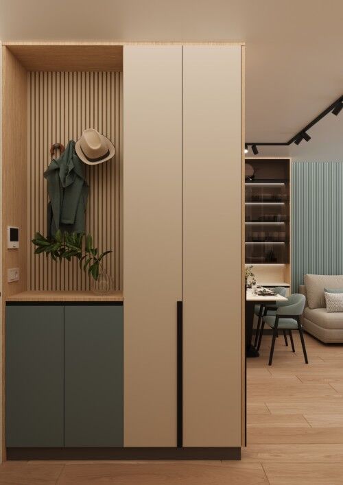 Interior wardrobe with hanging space, hat, and decorative plant for stylish home storage.