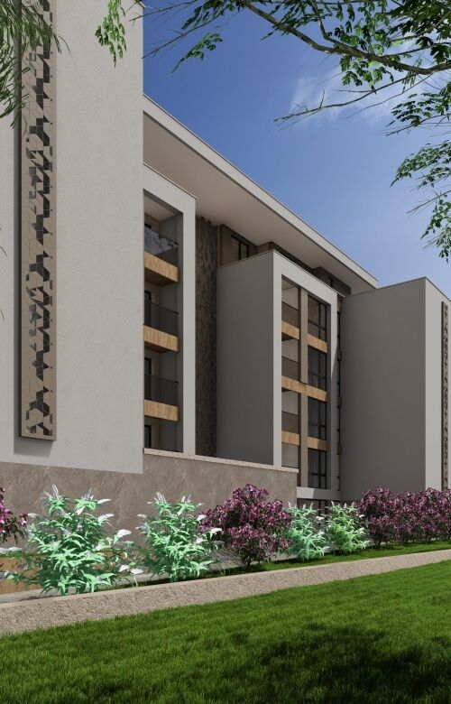 Contemporary apartment building in Sunny Beach near the sea, featuring modern architecture and lush.