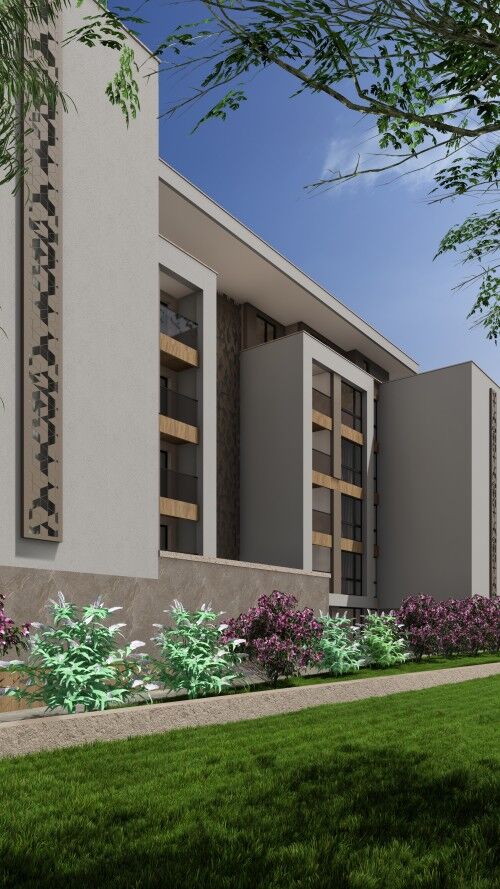 Contemporary apartment building in Sunny Beach near the sea, featuring modern architecture and lush.