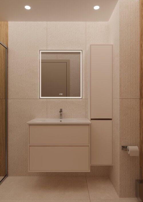 Bathroom vanity with mirror and storage in a contemporary apartment.