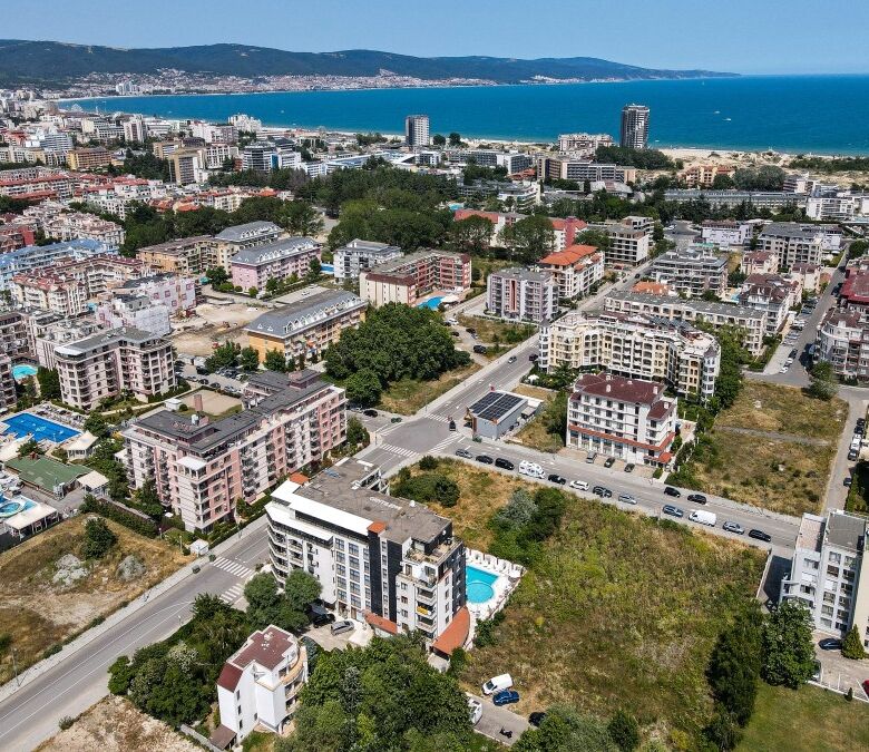 Aerial view of new residential buildings in Sunny Beach close to the sea.