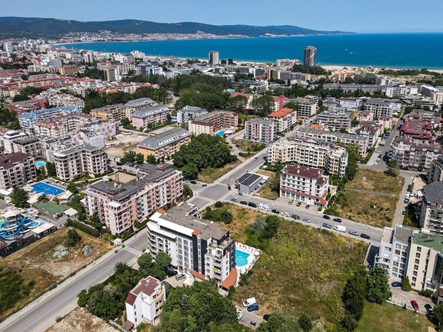 Aerial view of new residential buildings in Sunny Beach close to the sea.