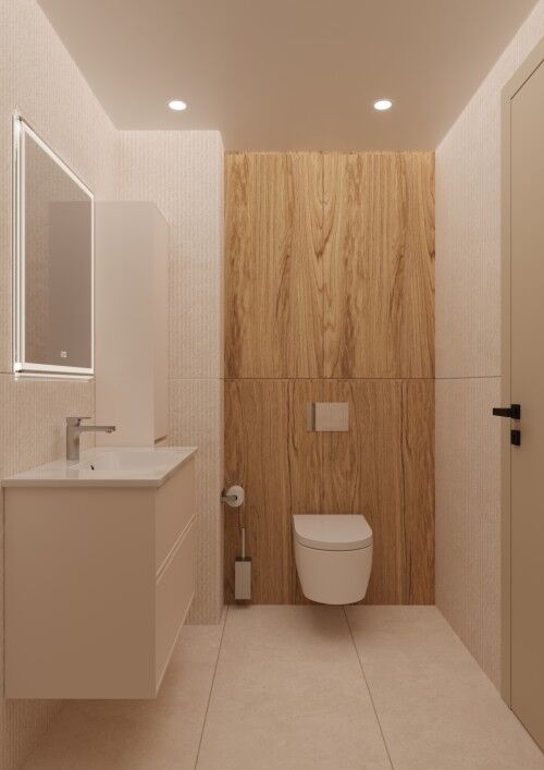 Bathroom with sleek white vanity, mirror, and wall-mounted toilet.