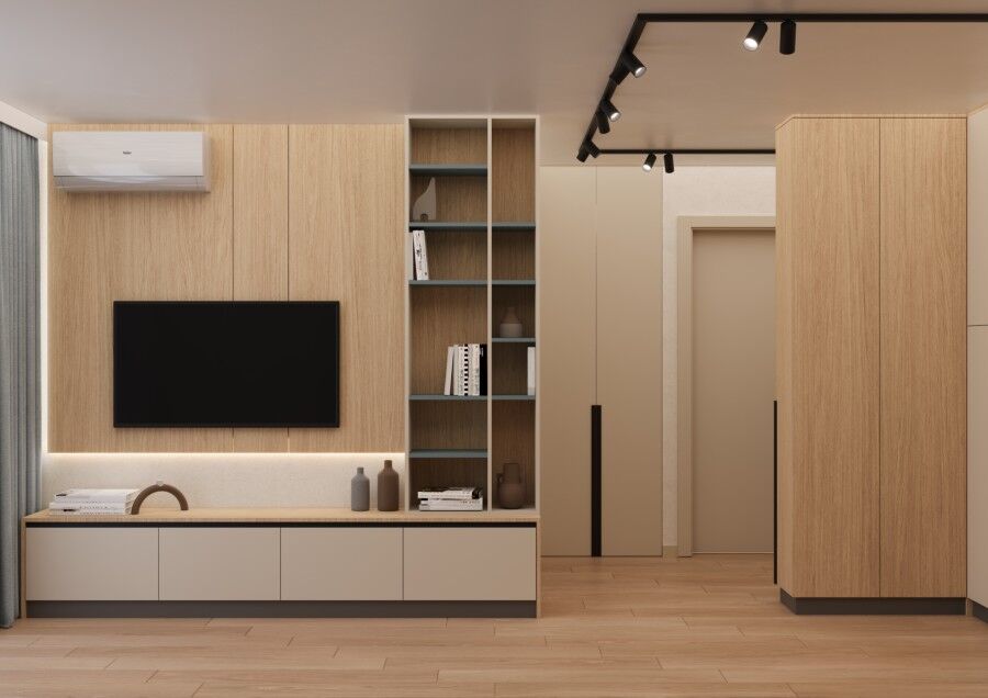 Stylish living room featuring a wall-mounted TV, open shelving, and contemporary decor in a sleek, m.