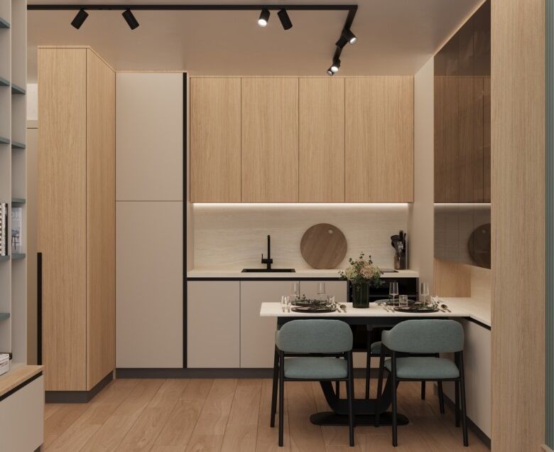 Stylish kitchen with minimalist design and neutral tones.