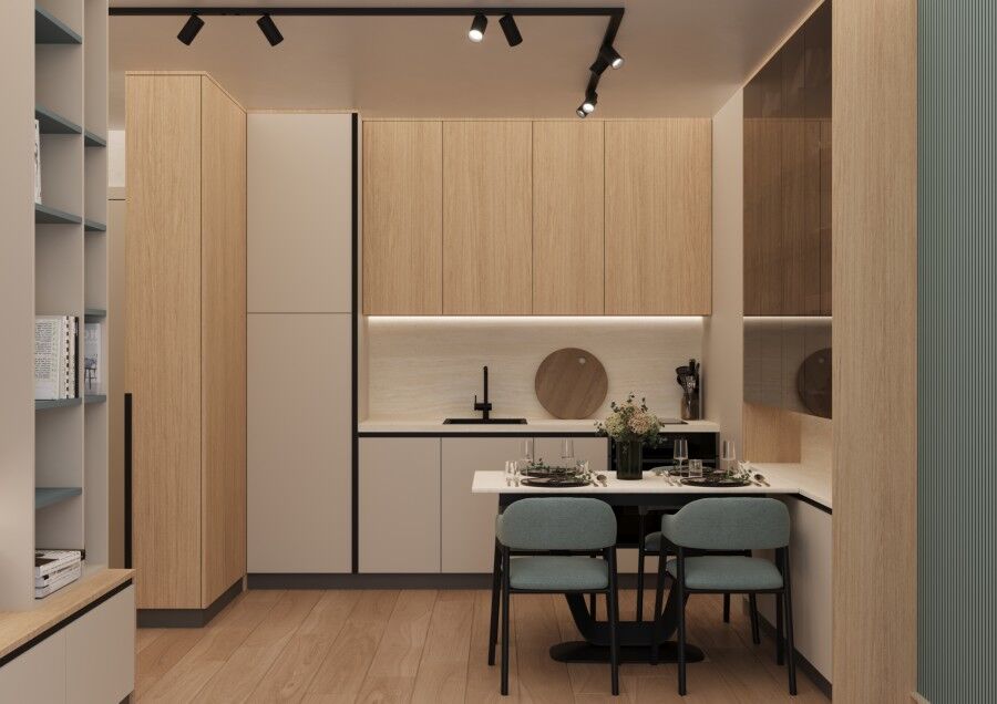 Stylish kitchen with minimalist design and neutral tones.