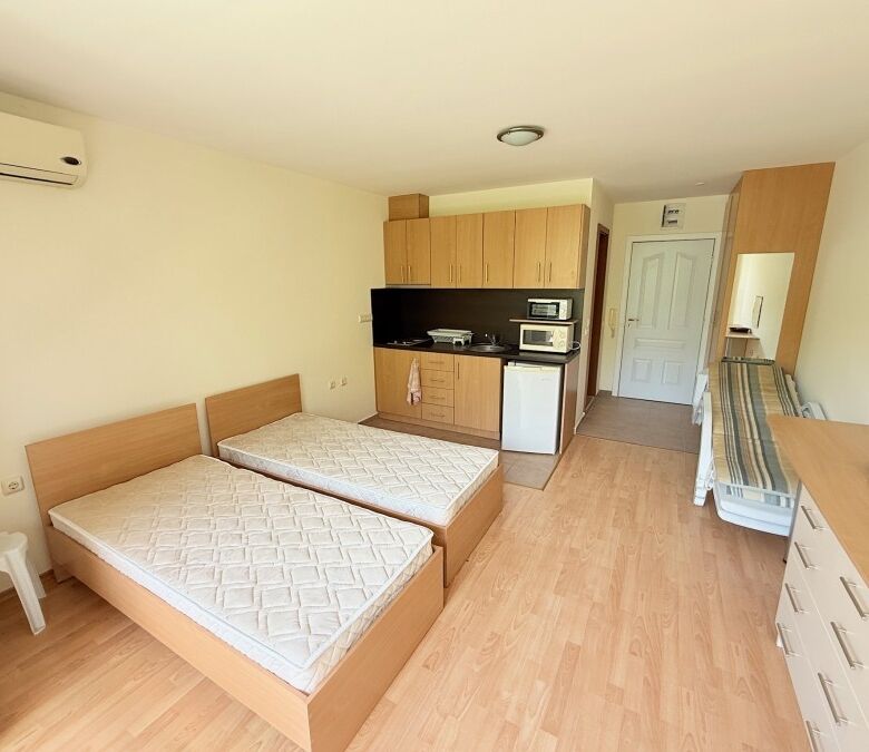 Bright studio apartment with garden views at Holiday Fort Club, Sunny Beach. Perfect for relaxing ho.