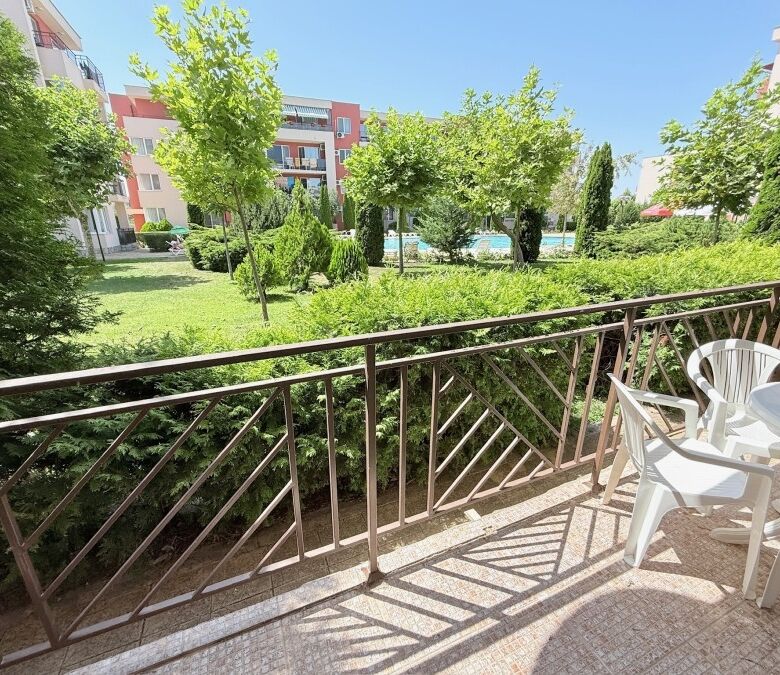 Bright studio apartment with garden views in Sunny Beach, Bulgaria.