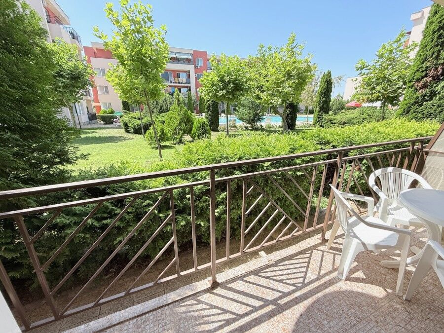 Bright studio apartment with garden views in Sunny Beach, Bulgaria.