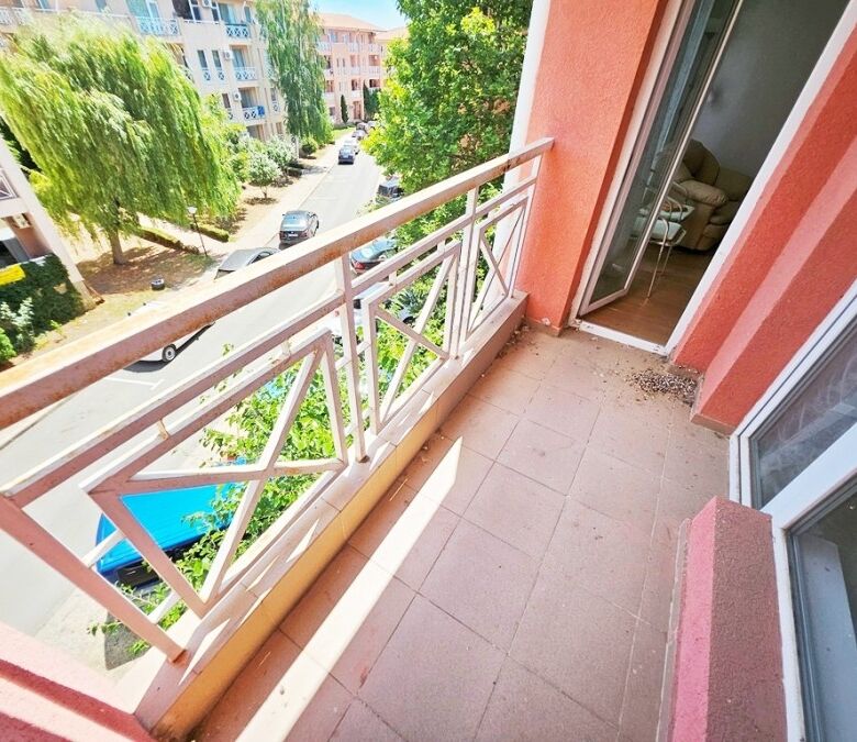 Balcony view of a 1-bedroom apartment in Sunny Day 6, Sunny Beach, with outdoor space and city surro.