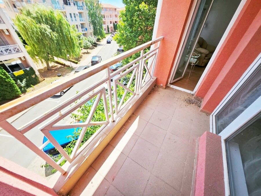 Balcony view of a 1-bedroom apartment in Sunny Day 6, Sunny Beach, with outdoor space and city surro.