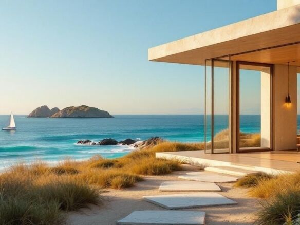 Beachfront house with large glass windows overlooking the sea.
