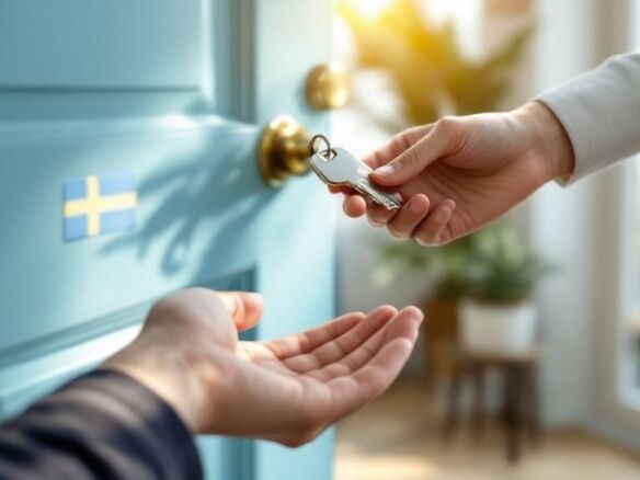 Person handing over house keys in front of a blue door with a Swedish flag.