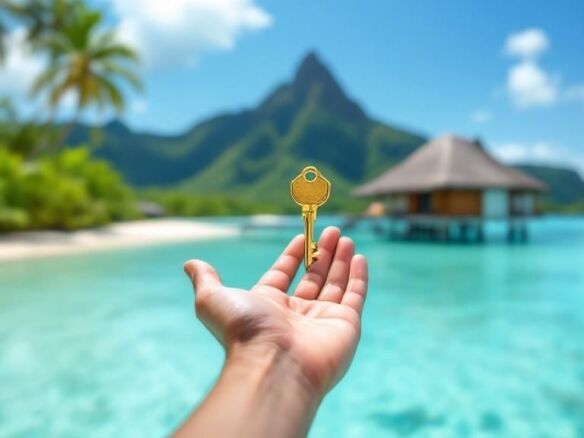 Overwater bungalow with a key in hand overlooking turquoise waters and lush mountains.