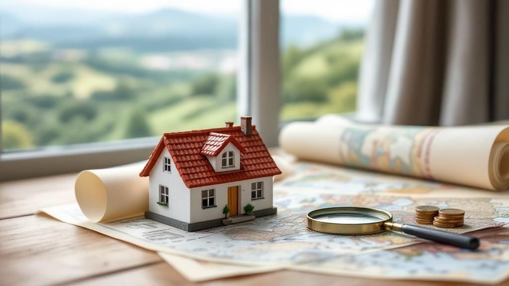 Modern house model with architectural plans, magnifying glass, and coins on a wooden table.
