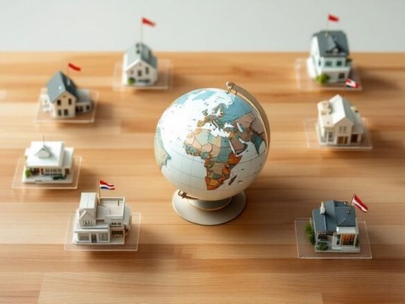Global property investment models with miniature houses and a globe.