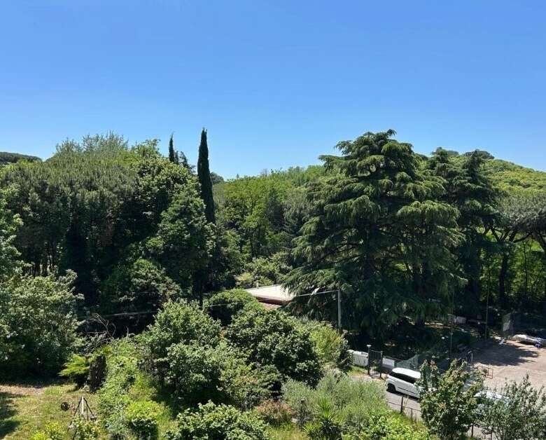 Scenic view of lush greenery and trees from a penthouse in Ariccia, Rome.