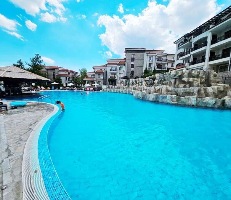 Pool view apartment at Vineyards SPA Resort, 45 sq.m., with access to luxurious amenities.