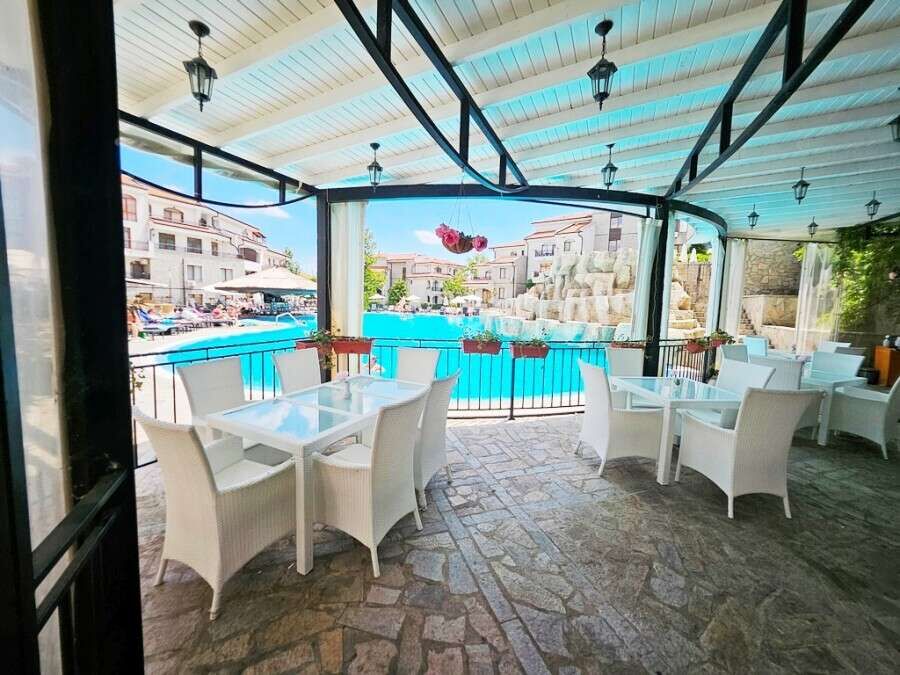 Pool view 1-bedroom apartment at Vineyards SPA Resort, 45 sq.m., with modern amenities and relaxing.