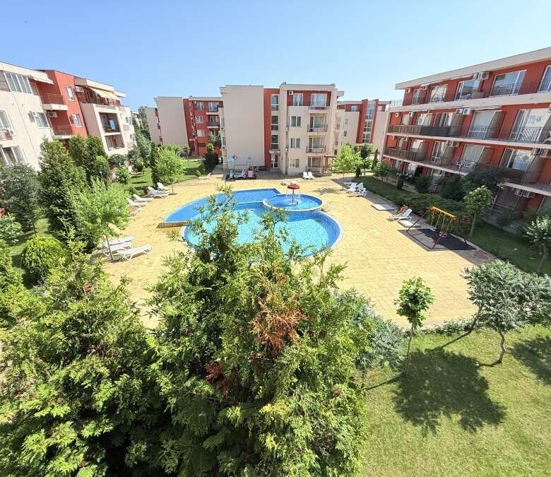 Bright studio apartment with pool and garden views at Holiday Fort Club, Sunny Beach.