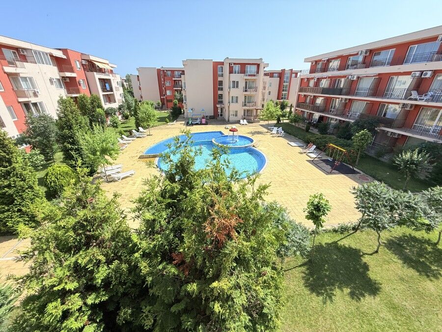 Bright studio apartment with pool and garden views at Holiday Fort Club, Sunny Beach.